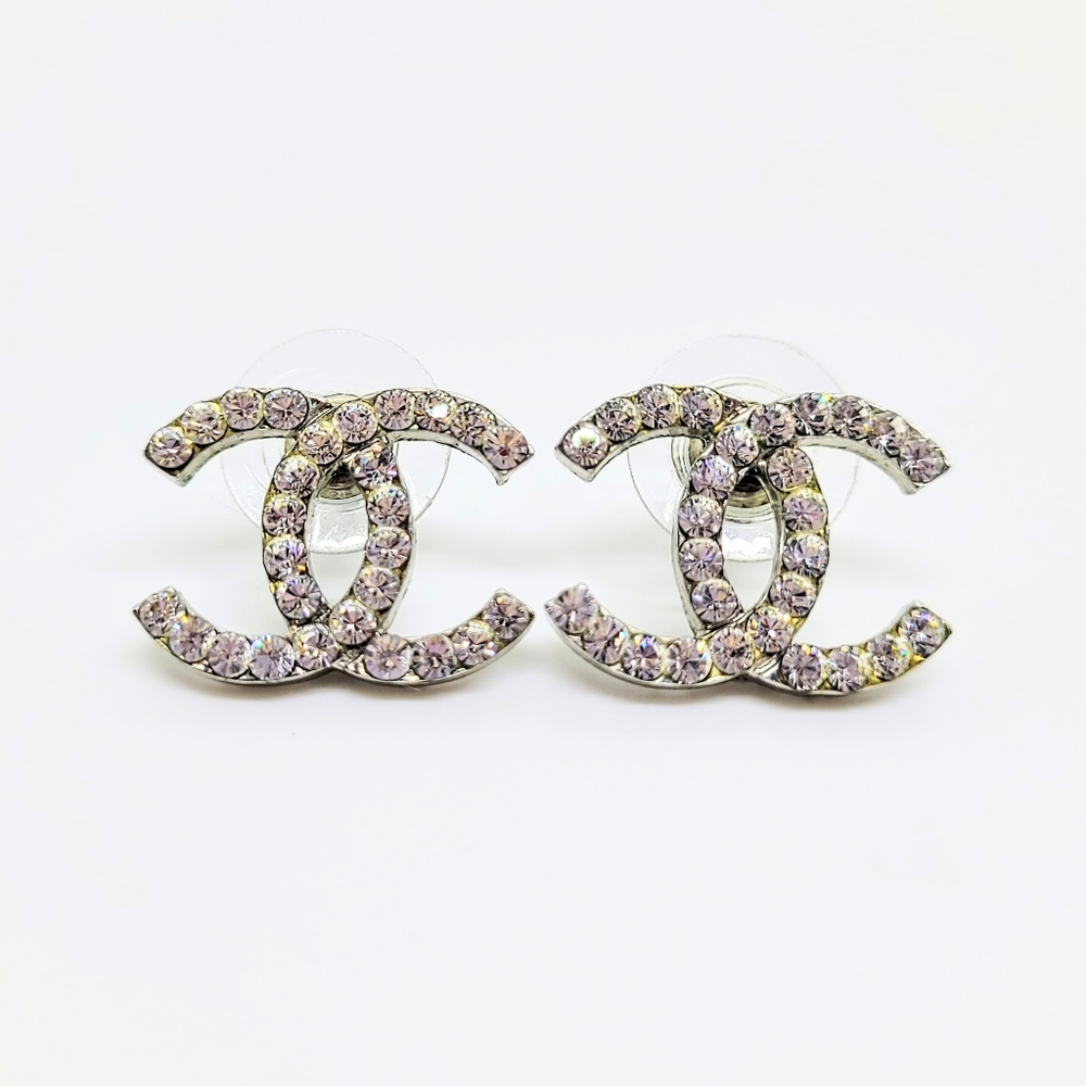 CHANEL Silver Large Crystal CC Classic Earrings